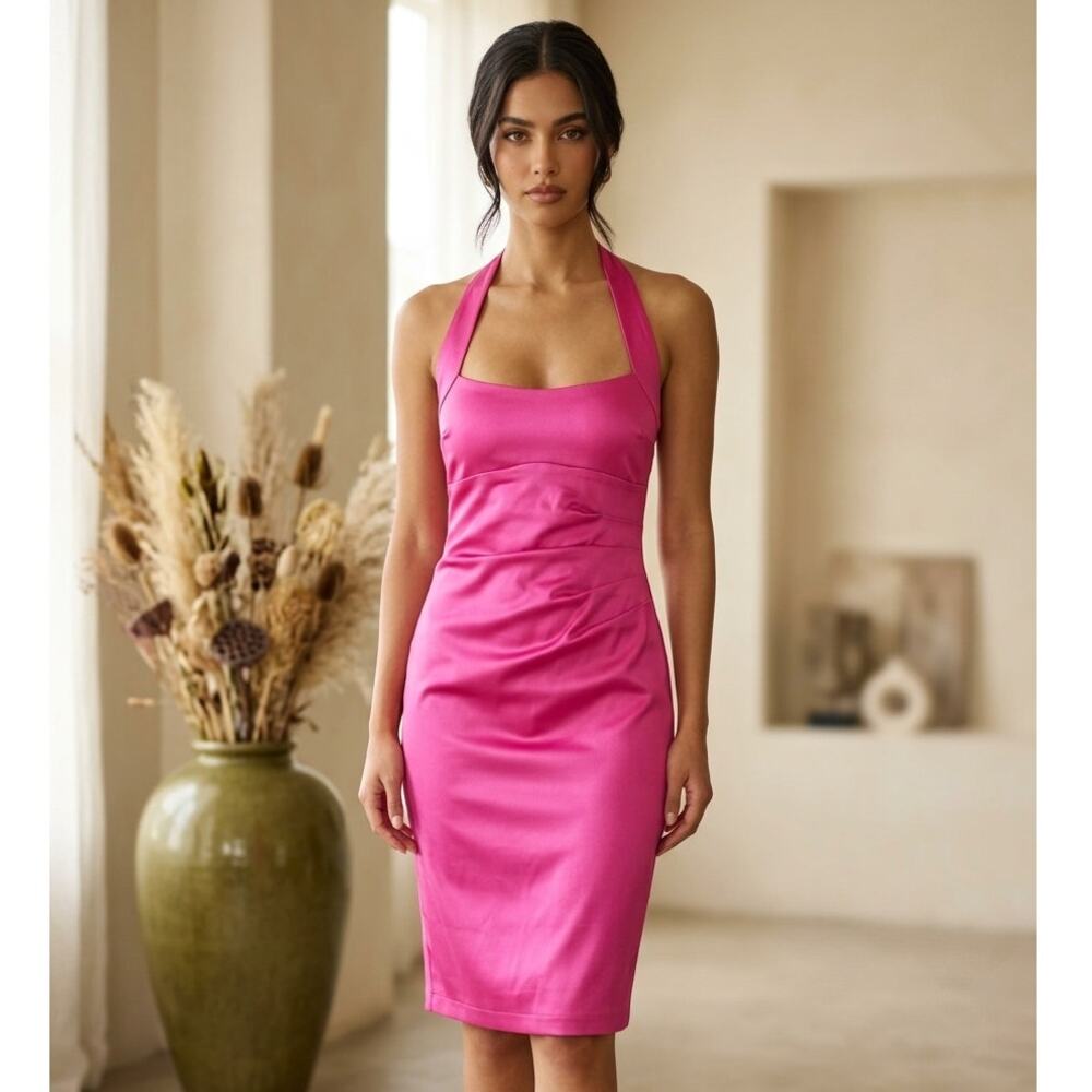 Cache Cocktail Dress Womens 4 Hot Pink Satin Halter Ruched Party Wedding Guest